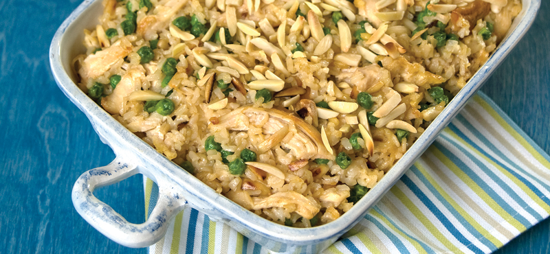 This hearty and delicious casserole packs fiber and protein with brown rice, peas, and chicken.